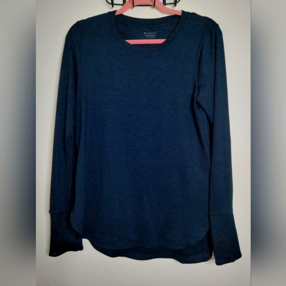 Athleta (Sz M) Navy Blue Stretch Long Thumbhole Cuff Sleeve Athletic Tunic Shirt